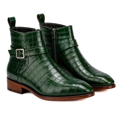 ShoeBespoke Lenoy Croc green Jodhpuri boots with buckle strap and leather sole