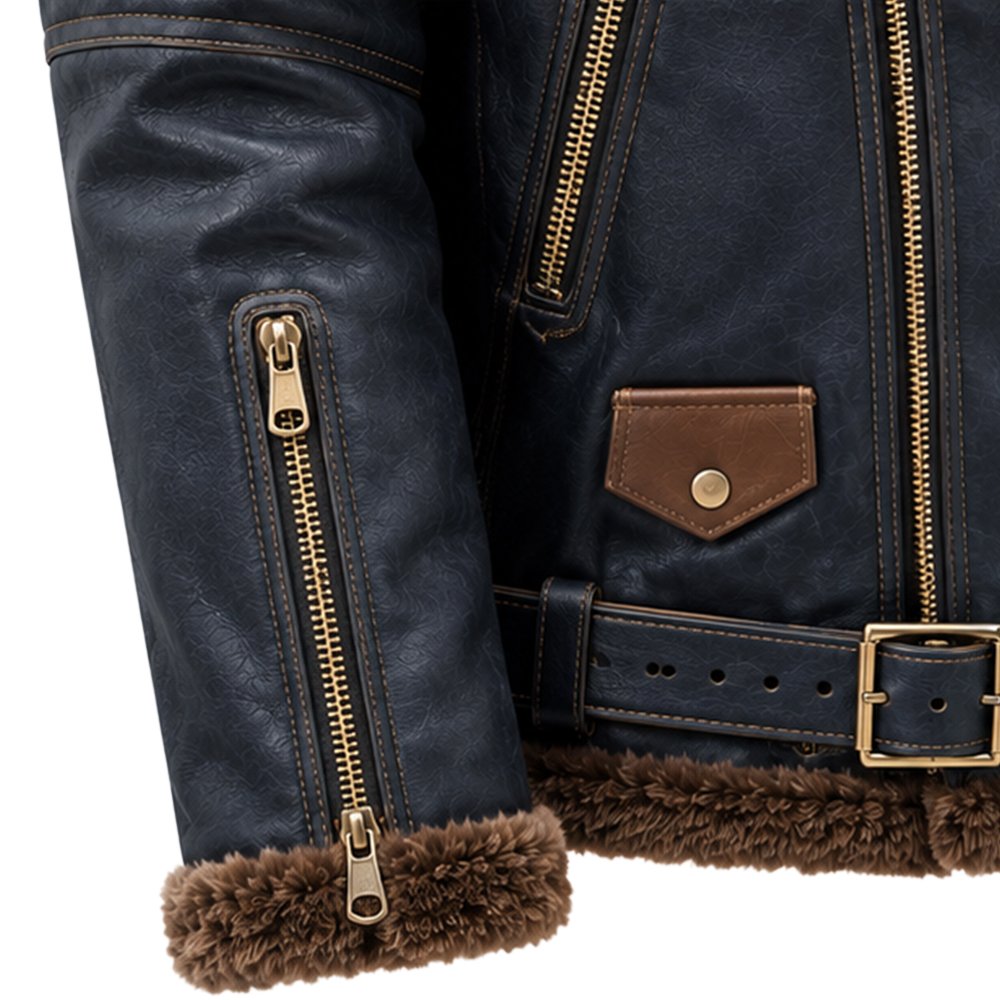 Kingsley Shearling Leather Jacket by Mitch Luxury in pure sheep leather with brown shearling collar and cuffs