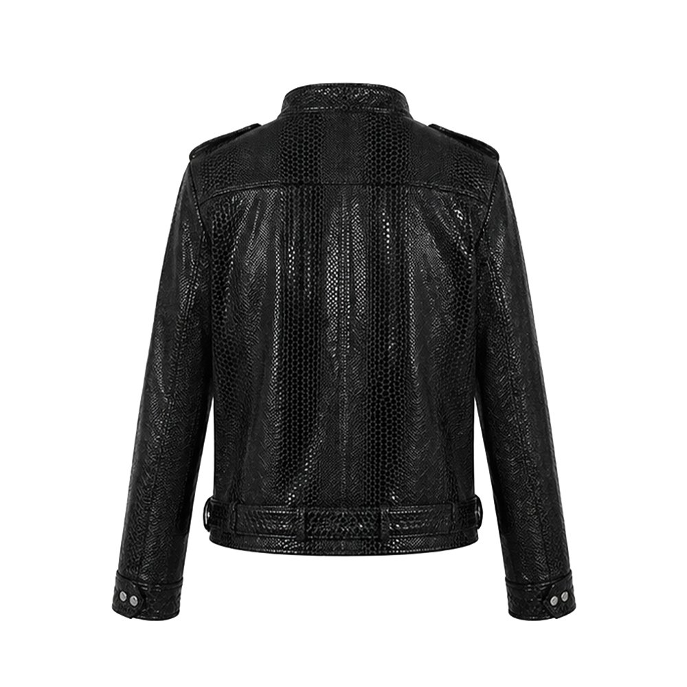 Black python foil leather bespoke jacket by Mitch Luxury with textured finish, silver zippers, shoulder epaulettes, and waist belt.