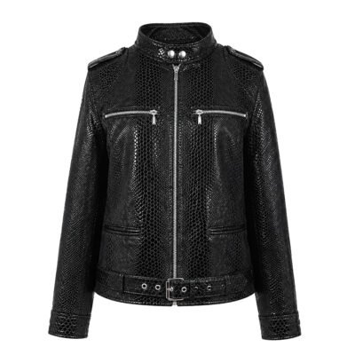 Black python foil leather bespoke jacket by Mitch Luxury with textured finish, silver zippers, shoulder epaulettes, and waist belt.