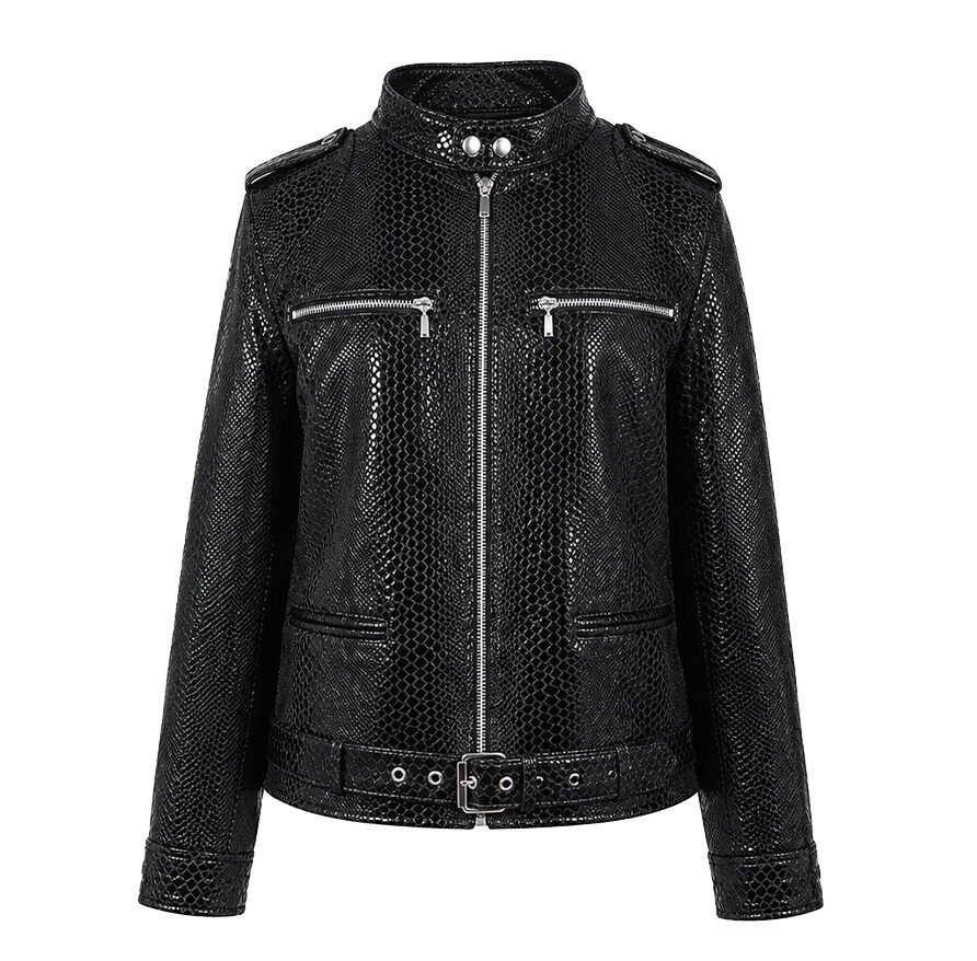 Black python foil leather bespoke jacket by Mitch Luxury with textured finish, silver zippers, shoulder epaulettes, and waist belt.