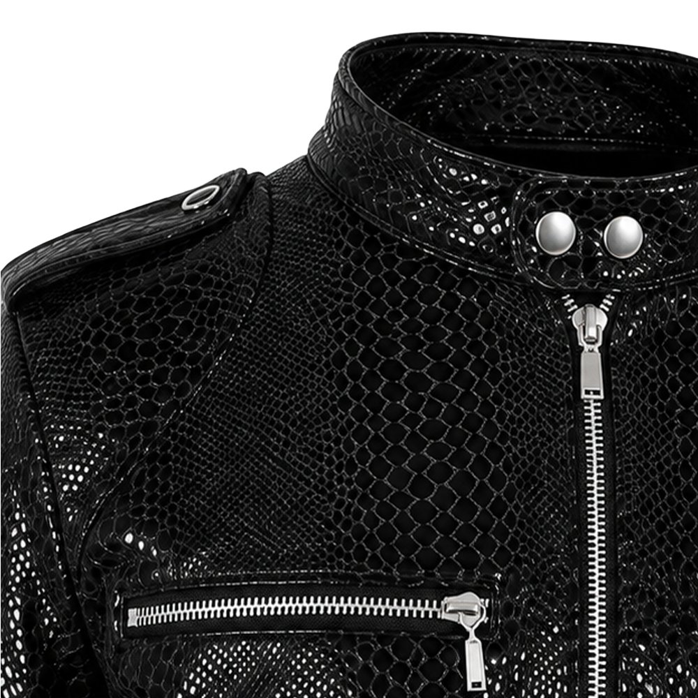 Black python foil leather bespoke jacket by Mitch Luxury with textured finish, silver zippers, shoulder epaulettes, and waist belt.