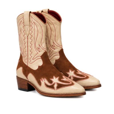 Men’s Western Cowboy Leather Boots in cream and brown leather with intricate Western stitching and pointed toe design.