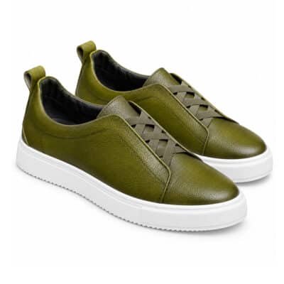 Mitch olive-green pure calf leather sneakers with white rubber soles by Shoe Bespoke.