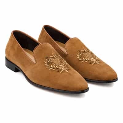 Tan Velvet Jalsa men's loafers with gold crest embroidery by Shoe Bespoke on a white background.