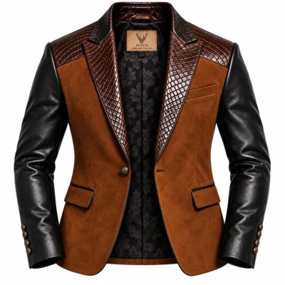 Brown Suede Croc Embossed Leather Blazer Front View